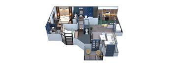 A 3D rendered image of a modern apartment layout.