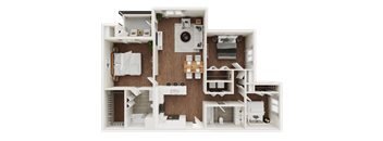 A 3D rendered image of a modern apartment layout.