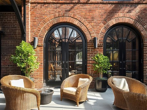 Four wicker chairs are arranged on a patio.