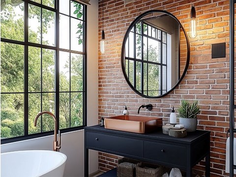 A bathroom with a round mirror and a black vanity.
