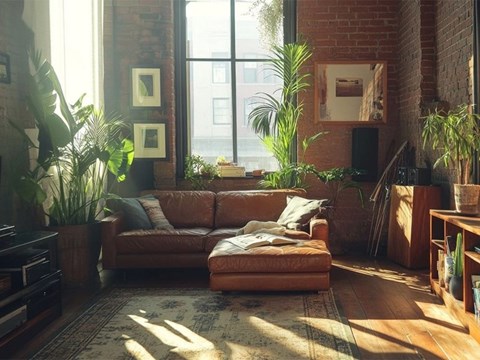 A living room with a brown leather couch and a rug.