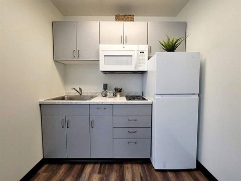 a kitchen with a sink microwave and refrigerator