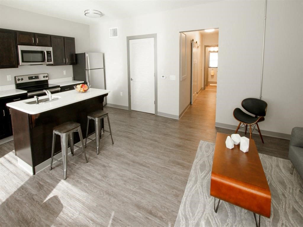 a kitchen and living room of an apartment