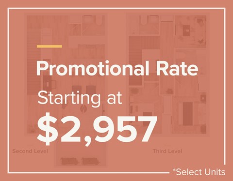 A sign advertising a promotional rate of $2,957 starting at the second level.