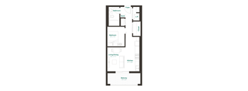 A floor plan of an apartment with a bedroom, living room, kitchen, bathroom, and balcony.