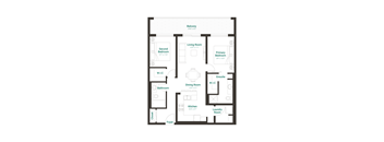 A floor plan of a home with a living room, dining room, kitchen, and two bedrooms.