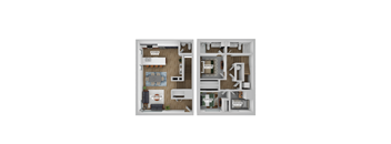 A diagram of a house layout with two bedrooms, a living room, and a kitchen.