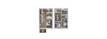 A floor plan of a two-bedroom apartment with a living room, kitchen, and bathroom.
