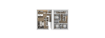 A diagram of a house layout with a kitchen, living room, and four bedrooms.