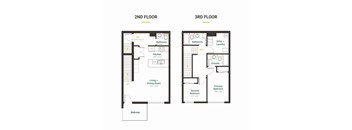 A diagram of a two-story house with labeled rooms and dimensions.