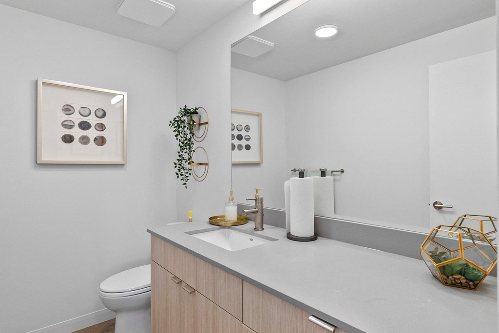 a bathroom with white walls and a white vanity with a white sink and toilet