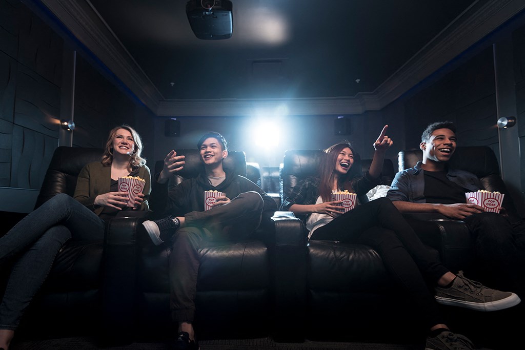 a group of people sitting in a cinema watching a movie