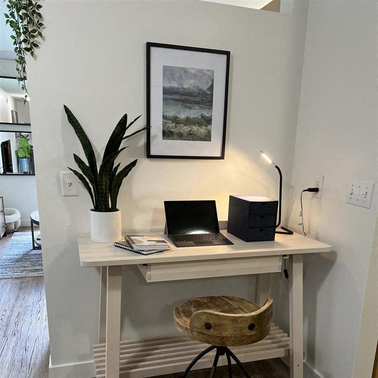 a desk with a laptop and a plant in a room