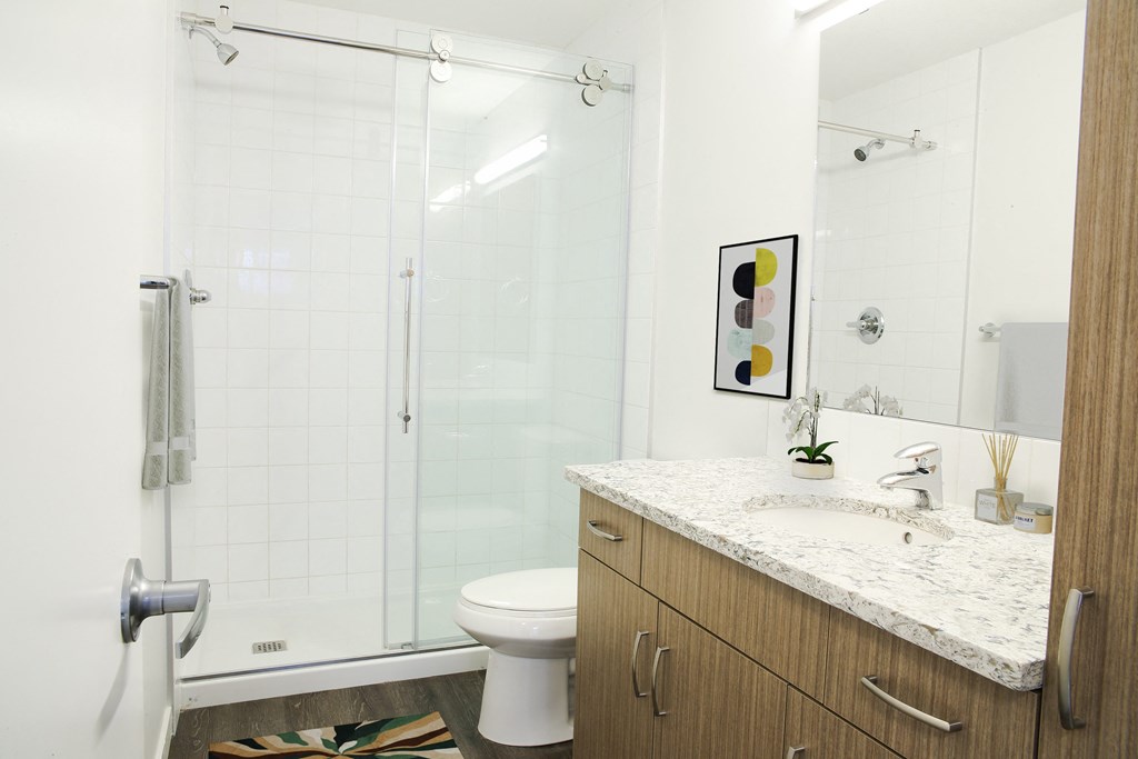 a bathroom with a shower and a sink and a toilet
