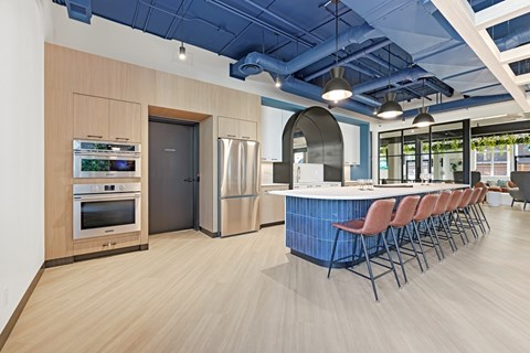A modern kitchen with a blue counter and stainless steel appliances.