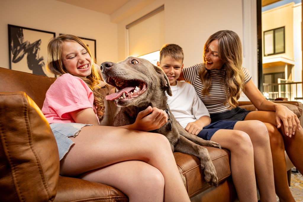 Three people sitting on a couch with a dog.