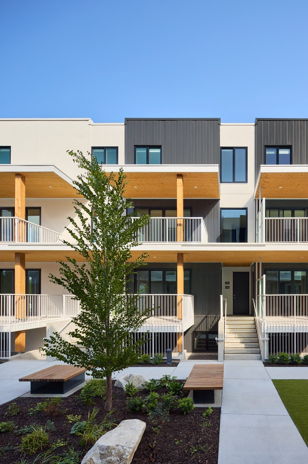 A modern building with a tree in front.