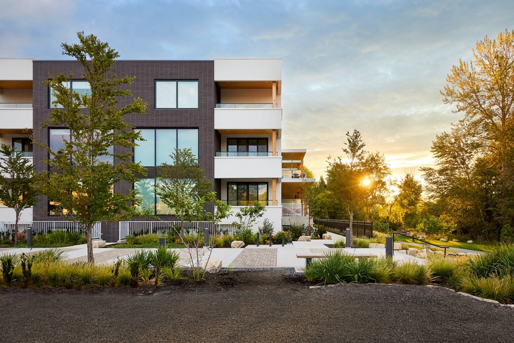 A modern building with a tree in front of it.