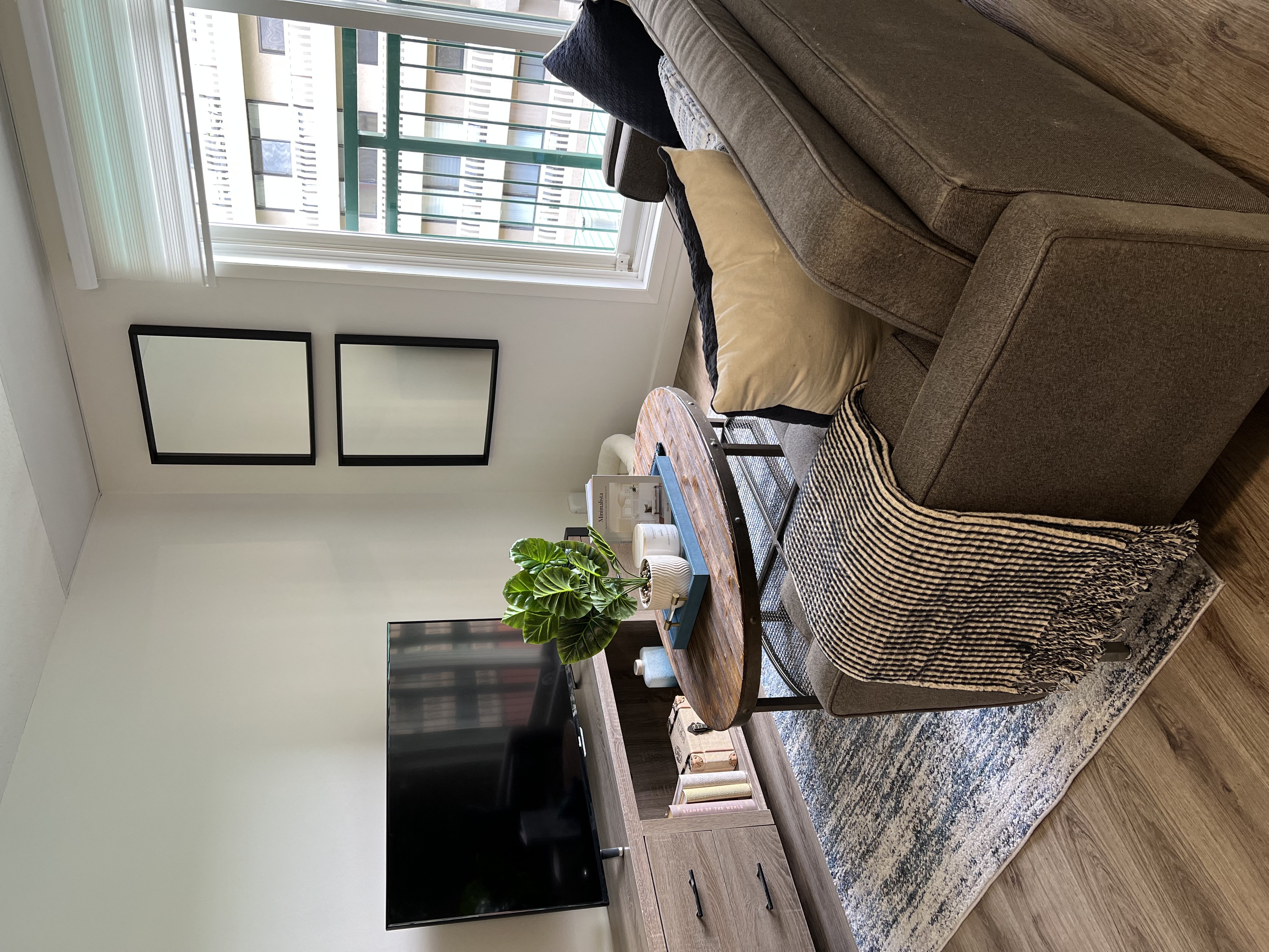 a living room with a couch and a coffee table