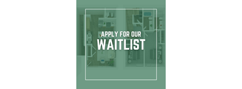 A poster with the text "Apply for our waitlist" over a background image of a room with shelves and a desk.