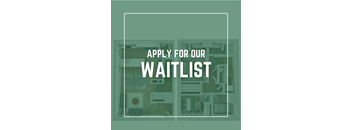 A sign that says "Apply for our waitlist" is displayed over a background image of a room.