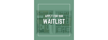 A graphic with the text "Apply for our waitlist" over a background image of apartment interiors.