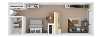 the interior of a studio apartment with a bedroom and living room