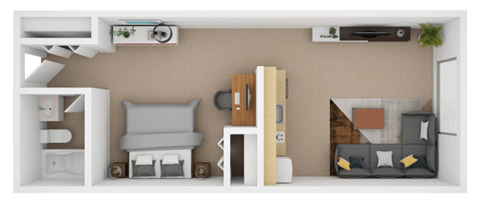 the interior of a studio apartment with a bedroom and living room