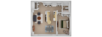 a stylized floor plan of a house with a bedroom and living room