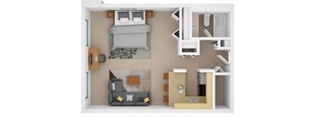 a stylized floor plan with a bedroom and living room
