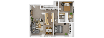 a stylized floor plan with a bedroom and living room