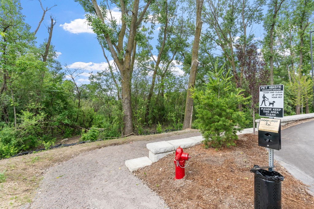 A sign in front of a tree reads "Pet Waste.".