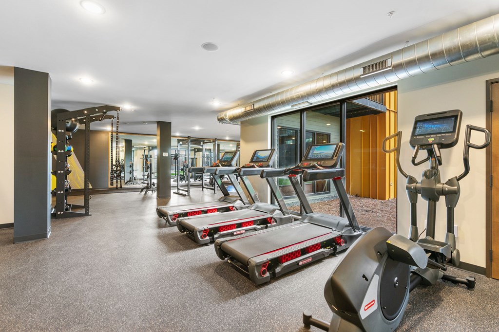 A gym with treadmills, elliptical machines, and other exercise equipment.