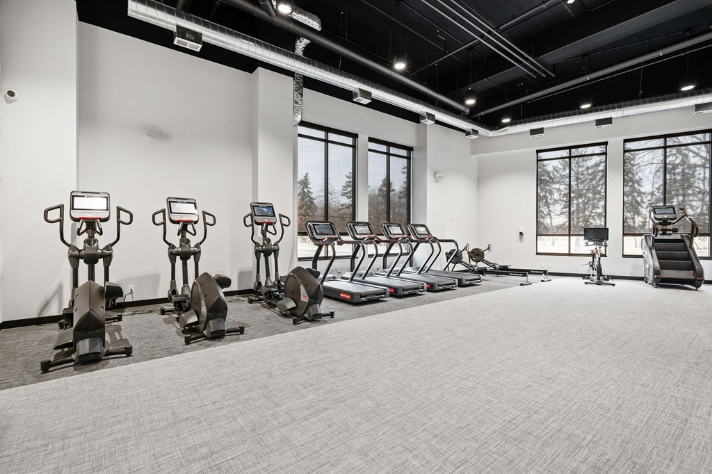 a workout room with treadmills and ellipticals
