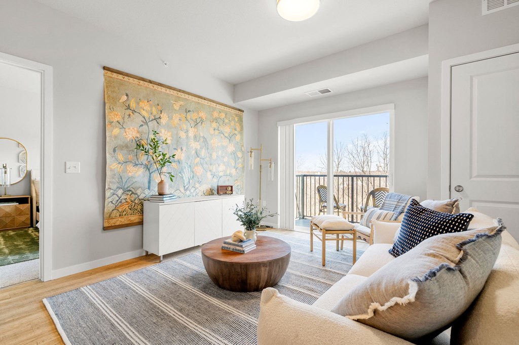 a living room with a couch and a coffee table