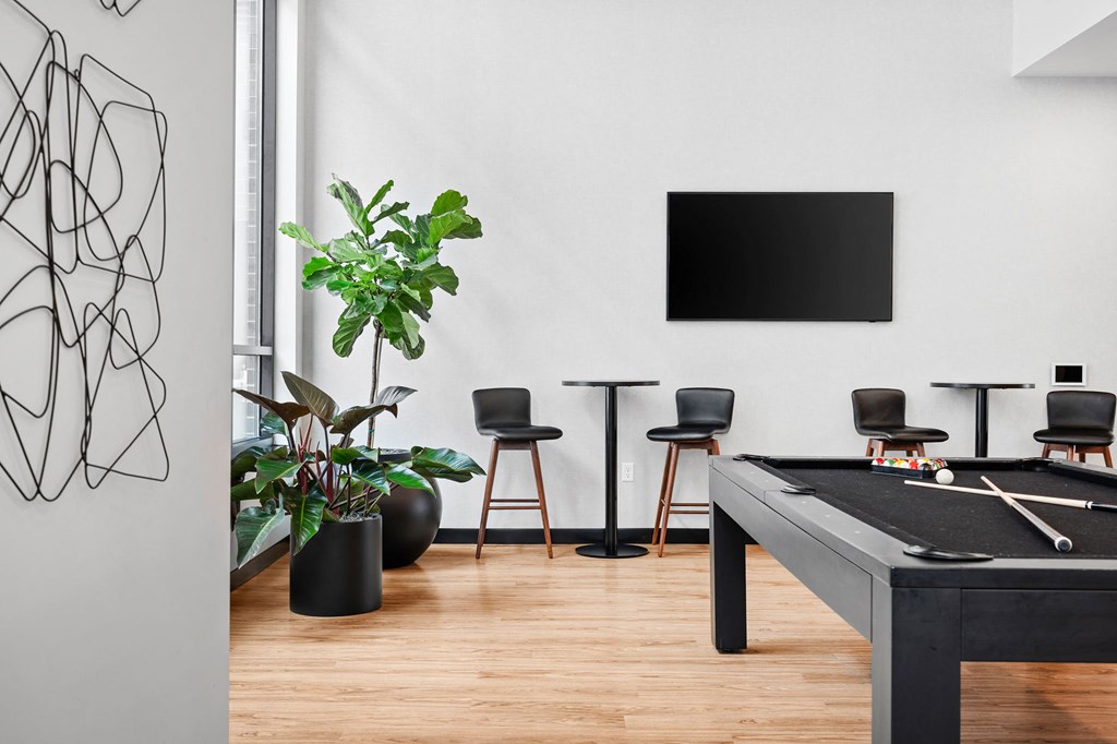 a game room with a table and chairs and a large green plant