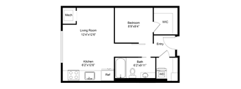 a floor plan of a studio apartment with a bedroom and a living room