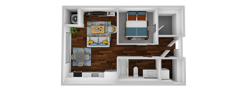 a stylized floor plan of a bedroom with a living room and a bathroom