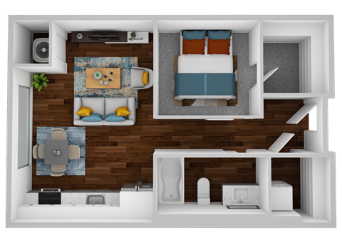a stylized floor plan of a bedroom with a living room and a bathroom