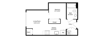 a floor plan of a room with a bedroom and a living room and a kitchen