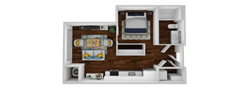 a stylized layout of a bedroom with a living room and a dining room