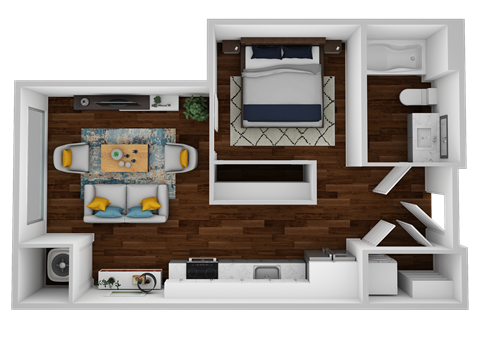 a stylized layout of a bedroom with a living room and a dining room