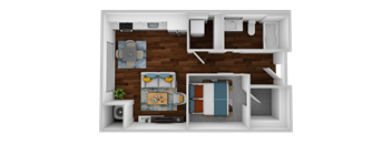 a stylized floor plan with a bedroom and a living room