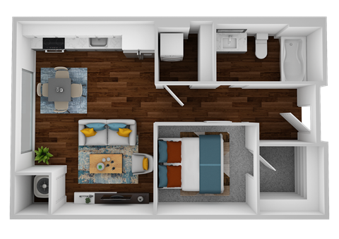 a stylized floor plan with a bedroom and a living room