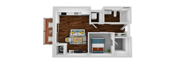a stylized layout of a 1 bedroom floor plan with a bathroom and a balcony