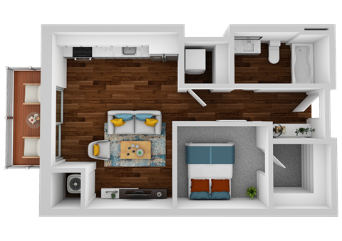a stylized layout of a 1 bedroom floor plan with a bathroom and a balcony