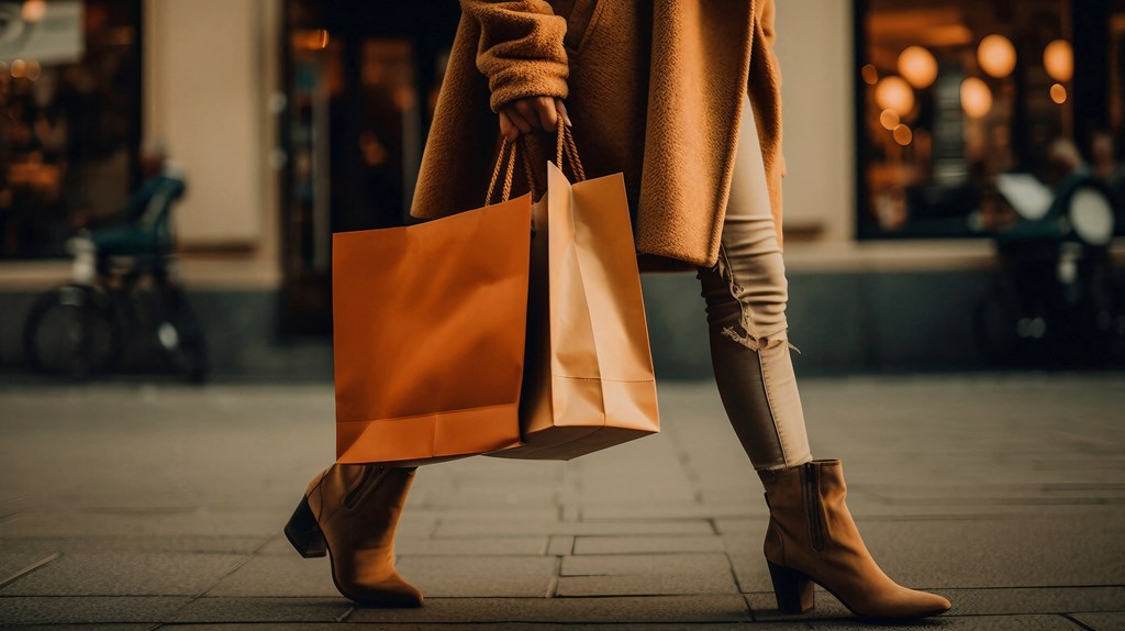 a woman walking down the street with a shopping bag