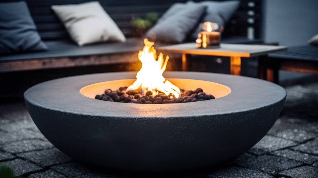 a fire pit with a roaring fire on a patio