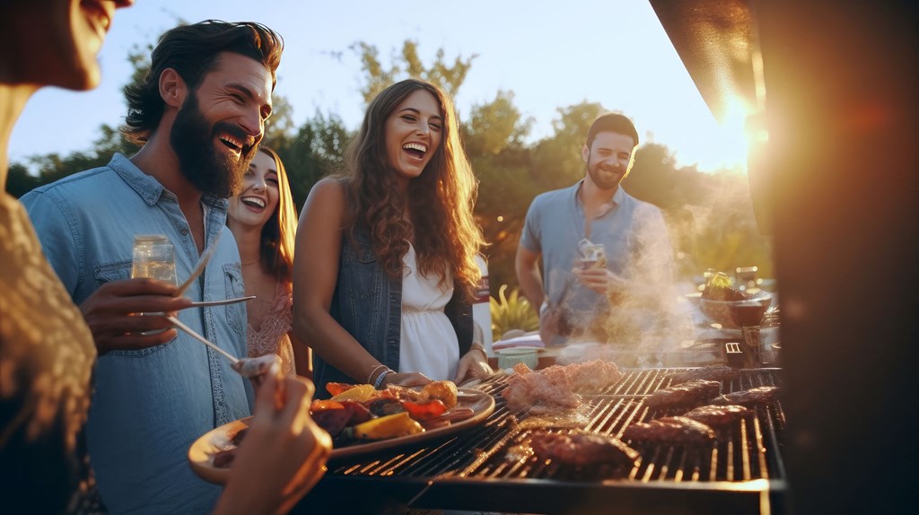 people laughing around a grill with food and drinks