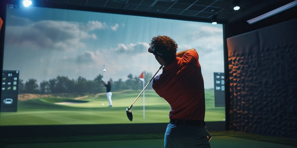 a man swinging a golf club on a golf simulator